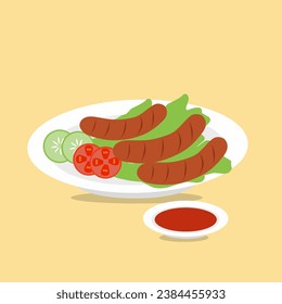 Sausage on whaite plate with vegetables and chili sauce