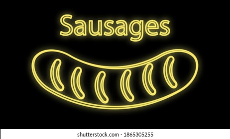 sausage on white background, vector illustration. appetizing grilled sausage. neon yellow sausage. bright neon sign, illumination for cafes and restaurants