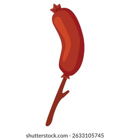Sausage on a wooden skewer, a twig, for cooking over a campfire. Vector drawing on a white background.
