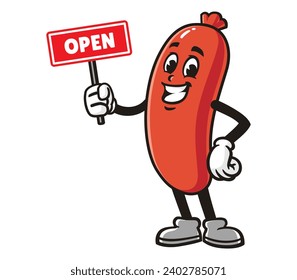 sausage with open sign board cartoon mascot illustration character vector clip art