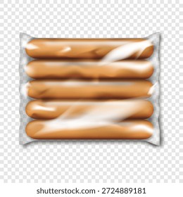 Paquete de salchichas sobre fondo transparente. Maqueta de Vector realista. Bolsa de plástico brillante transparente llena de salchichas largas y delgadas para perros calientes. Maqueta. Paquete de bocadillos de carne. Plantilla para el diseño
