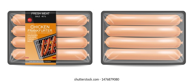 Sausage pack Vector realistic. Product placement label design. Uncooked food serving . 3d illustration