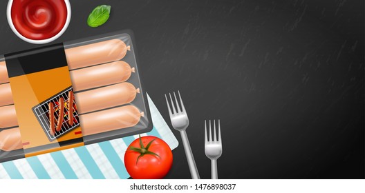 Sausage pack Vector realistic. Product placement label design. Uncooked food serving . dark table 3d illustration
