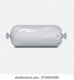 Wurstpackung auf transparentem Hintergrund. Realistische 3D-Vektorgrafik. Verpackung für leere Zylinder. Modell. Röhrenförmige Rolle klare leere Plastiktütenverpackung. Vorlage für Design