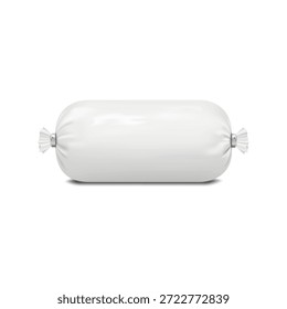 Paquete de salchichas. Maqueta de Vector 3D realista. Embalaje de plástico opaco en blanco blanco de rollo de jamón entero. Maqueta. Plantilla para el diseño