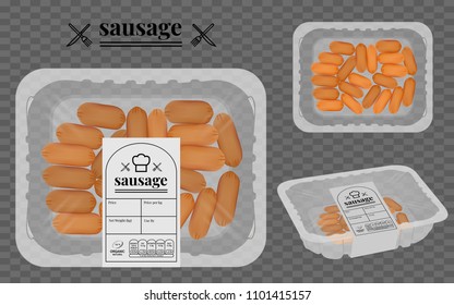 Sausage packaging on the container. Ready to apply to your design. Vector illustration.