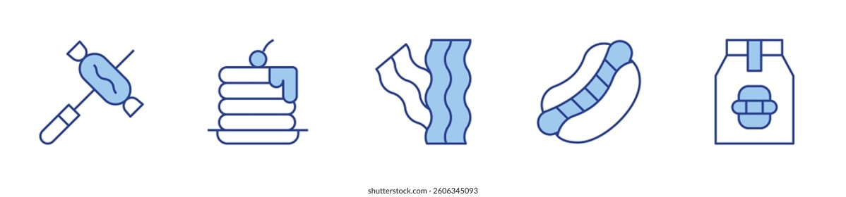 sausage, pancakes, bacon, hotdog, food package. Fast food Icon vector illustration. Line Duotone style. Editable stroke.