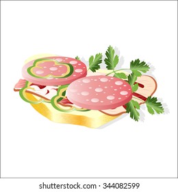 Sausage with parsley on bread. Vector graphics.