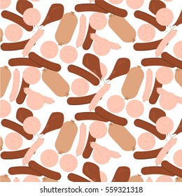 Sausage pattern. With meal, chicken, salami. Food background