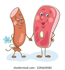Sausage and a piece of meat are holding hands in a cartoon style.  Isolated on white background. Vector illustration.