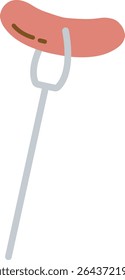 A sausage pierced by a fork in a flat style. The fork holds the sausage upright with a simple design. Cartoon vector illustration.