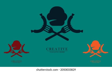 Sausage piercing fork and chef's hat, great for fast food restaurant logo icons, outdoor parties, camps. vector concept flat abstract design.