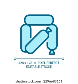 Sausage pixel perfect blue RGB color icon. Meat product. Fast food. Pork bratwurst. Hot dog. Barbecue menu. Meal prep. Isolated vector illustration. Simple filled line drawing. Editable stroke