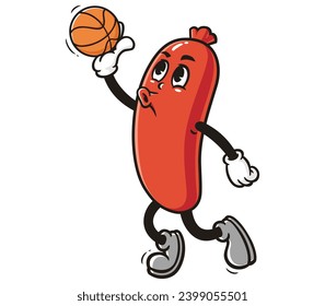 sausage is playing basketball slam dunk cartoon mascot illustration character vector clip art