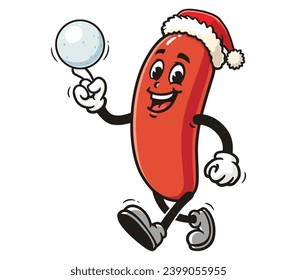 Sausage is playing snowballs and wearing a Christmas hat cartoon mascot illustration character vector clip art