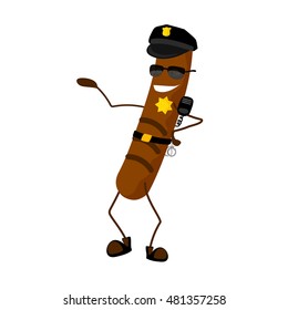 The sausage police officer cartoon characters with a cap. The policeman dressed in uniform and glasses. On the cap is a sign.