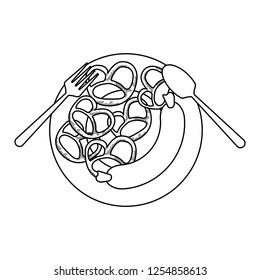 Sausage and pretzel on dish with cutlery in black and white Sausage and pretzel on dish with cutlery in black and white