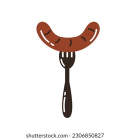 Sausage prick with a fork vector illustration. Sausage on a fork. Food sign, symbol, product emblem for restaurant, eatery, menu, delivery design