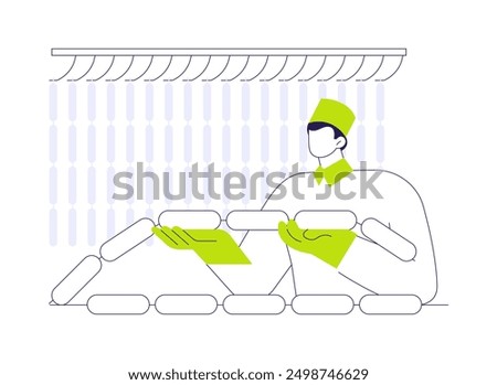 Sausage production abstract concept vector illustration. Group of industrial workers making pork sausages at factory, food processing, meat products, grocery sector abstract metaphor.