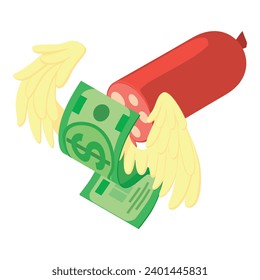 Sausage production icon isometric vector. Smoked sausage piece and dollar bill. Food production, business
