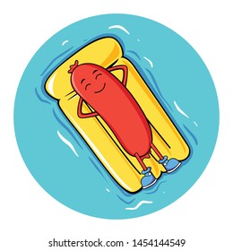 Sausage Relaxing With a Pool Float  in Hot Summer Cartoon Character Style. Vector Illustration.