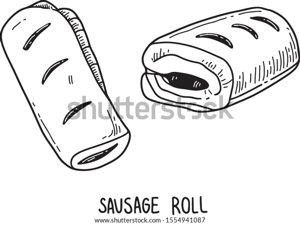 Sausage roll. Vector hand drawn\
illustration of British cuisine. Traditional English food. For\
restaurant, market, cafe, menu design, label.\
