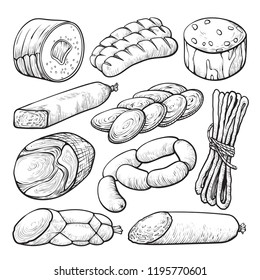 Sausage and salami, delicious meat sketch set. Seasoned sausage of pork and beef, traditional food decoration. Vector illustration on white background