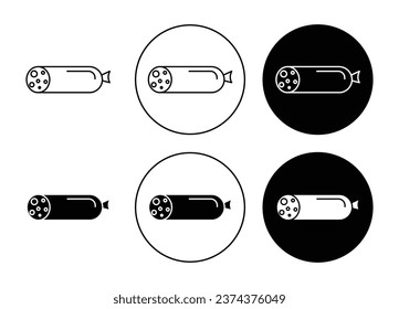 Sausage salami icon set in black filled and outlined style. Pepperoni meat slice vector symbol for ui designs.