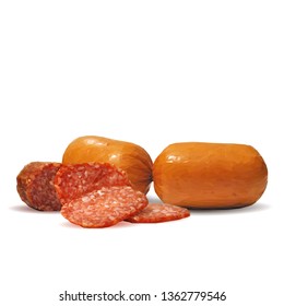 Sausage and  salami low poly. Fresh, nutritious, tasty sausage and salami. Vector illustration. Sausage and salami in triangulation technique.