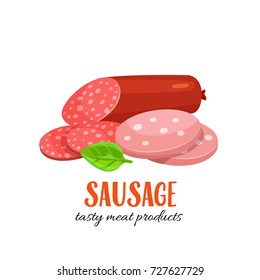 Sausage and salami slices. Meat delicacies. Vector food illustration for menu design.