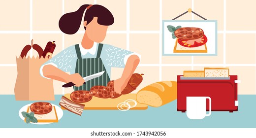 Sausage sandwich flat composition with view of kitchen with toast bread and woman cutting lunch meat vector illustration