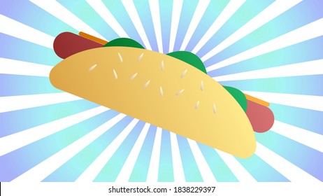 sausage sandwich on blue and white retro background, vector illustration. hot dog, hearty snack, fast food food. bun with herbs, mustard, cheese and meat. illustration for fast food decor.