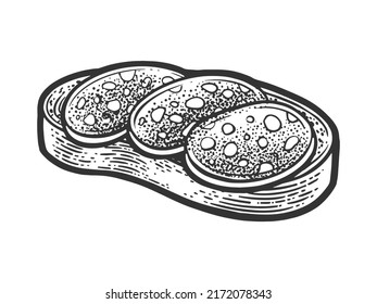 sausage sandwich sketch engraving vector illustration. T-shirt apparel print design. Scratch board imitation. Black and white hand drawn image.