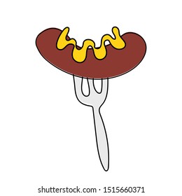 sausage with sauce on a fork. for menu, oktoberfest, for design, greeting card. Vector graphics