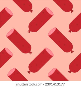 sausage seamless pattern. Background meat product raw smoked sausage stick and slices. Meat delicacy print, vector illustration