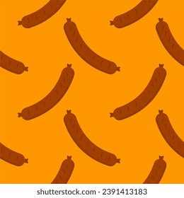 sausage seamless pattern. Background meat product raw smoked sausage stick and slices. Meat delicacy print, vector illustration