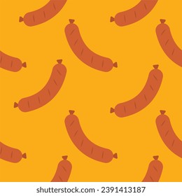 sausage seamless pattern. Background meat product raw smoked sausage stick and slices. Meat delicacy print, vector illustration