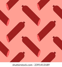 sausage seamless pattern. Background meat product raw smoked sausage stick and slices. Meat delicacy print, vector illustration