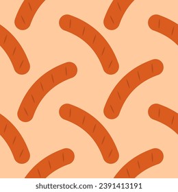 sausage seamless pattern. Background meat product raw smoked sausage stick and slices. Meat delicacy print, vector illustration