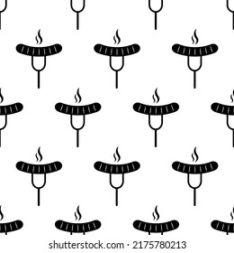 Sausage seamless pattern. Fast food background with hot sausage on fork. Icon street food on white background. Barbecue grill party. Design for print on wrapping paper, wallpaper. Vector illustration