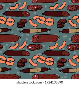 Sausage seamless pattern. Hand drawn color doodle vector illustration.