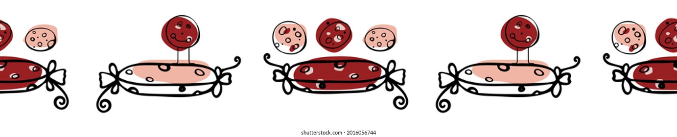 Sausage seamless pattern in line. Salami day. Manual drawing of a flat vector illustration. For labels, stickers, web design, advertising of sausage products