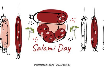 Sausage seamless pattern in line. Salami day. Manual drawing of a flat vector illustration. For labels, stickers, web design, advertising of sausage products