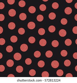 Sausage seamless pattern. Slices of sausage on black background.