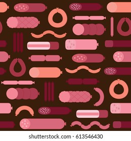 Sausage seamless pattern. Various sausages and meat products. Butcher shop background. Flat style. Vector illustration. 