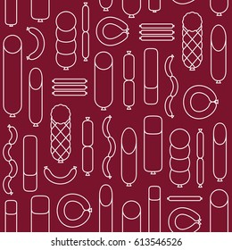 Sausage seamless pattern. Various sausages and meat products. Butcher shop background. Flat style. Vector illustration. 