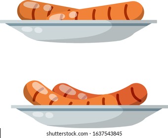 Sausage. Set of meat food. Hot dog and kitchen element on plate. Cartoon flat illustration