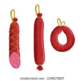 Sausage set. Smoked sausage. Krakow sausage, salami. European delicacy. Bundle of Meat product. Store and market element. Flat cartoon illustration