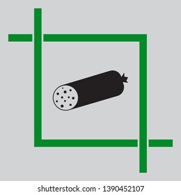 Sausage sign illustration. Black icon inside green crop tool at light gray background