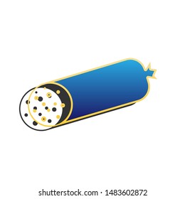 Sausage sign illustration. Blue icon with gold contour with dark gray shadow at white background. Illustration.